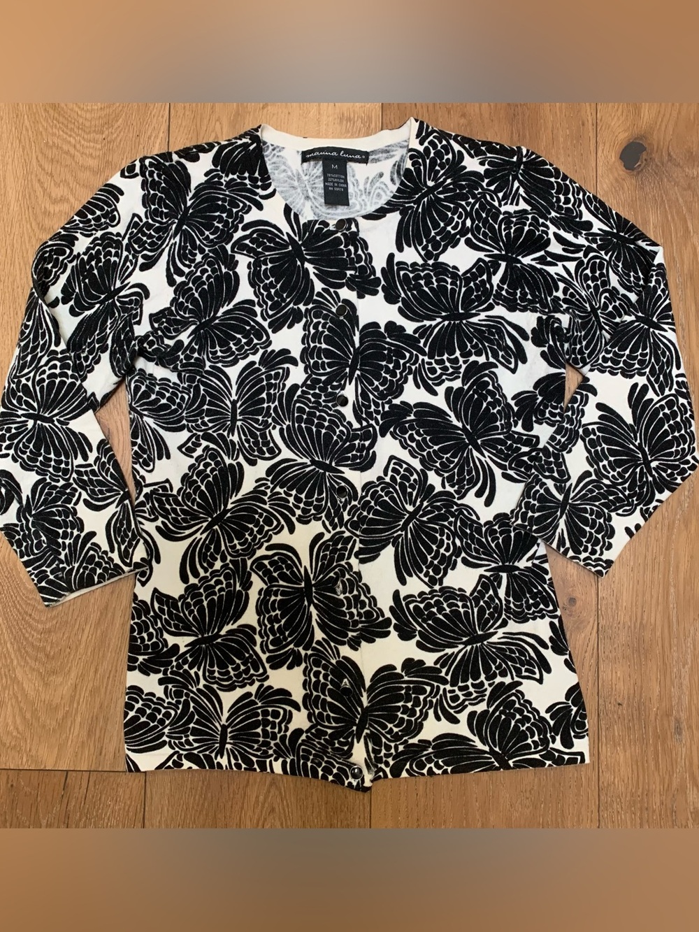 MARINA LUNA Black & White Butterfly Print 3/4 Sleeve Cardigan